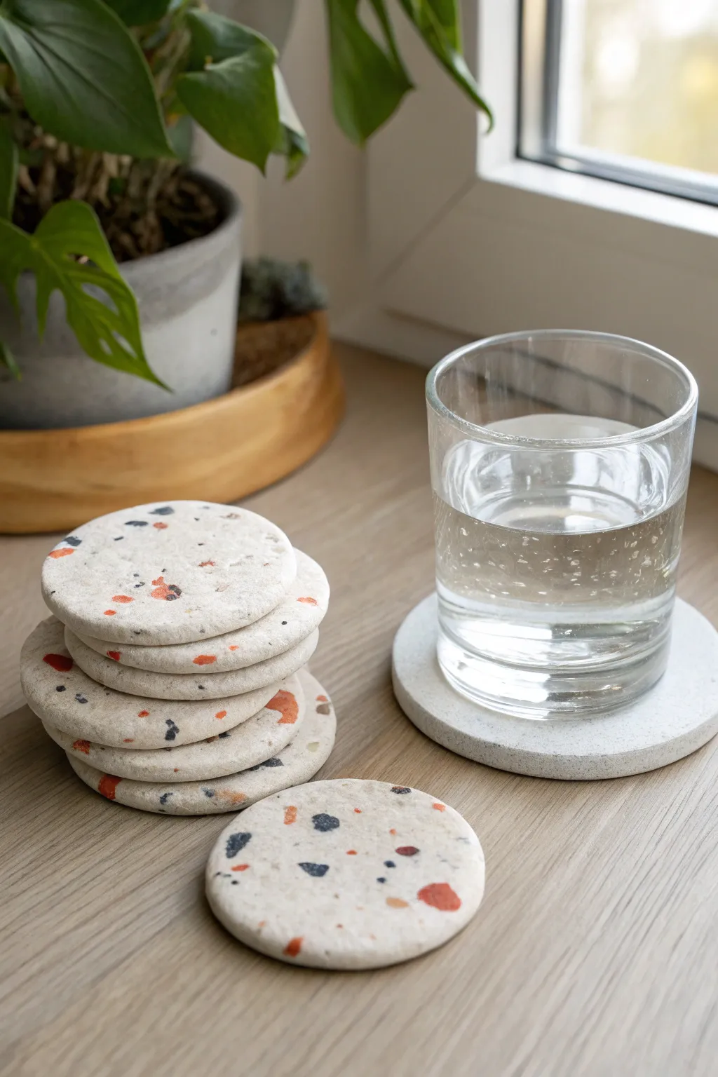 Minimal terrazzo speckled air dry clay coasters styled with a glass for modern boho calm