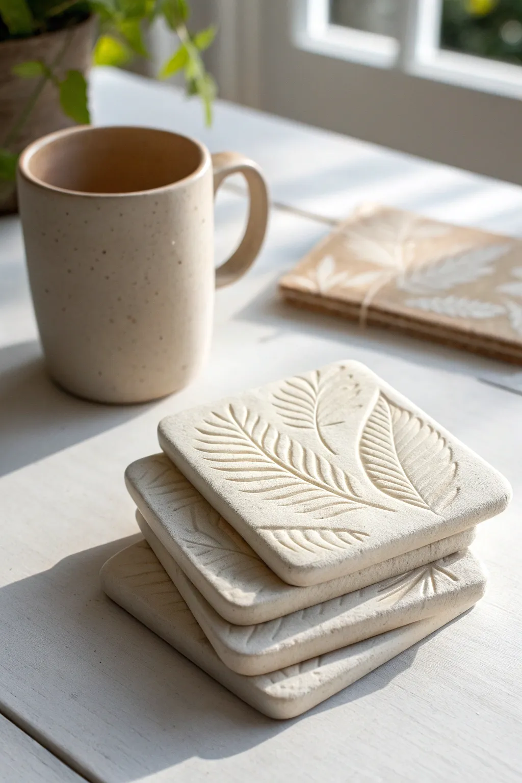 Beginner-friendly air dry clay coasters with leaf imprints, styled in a soft minimalist look.