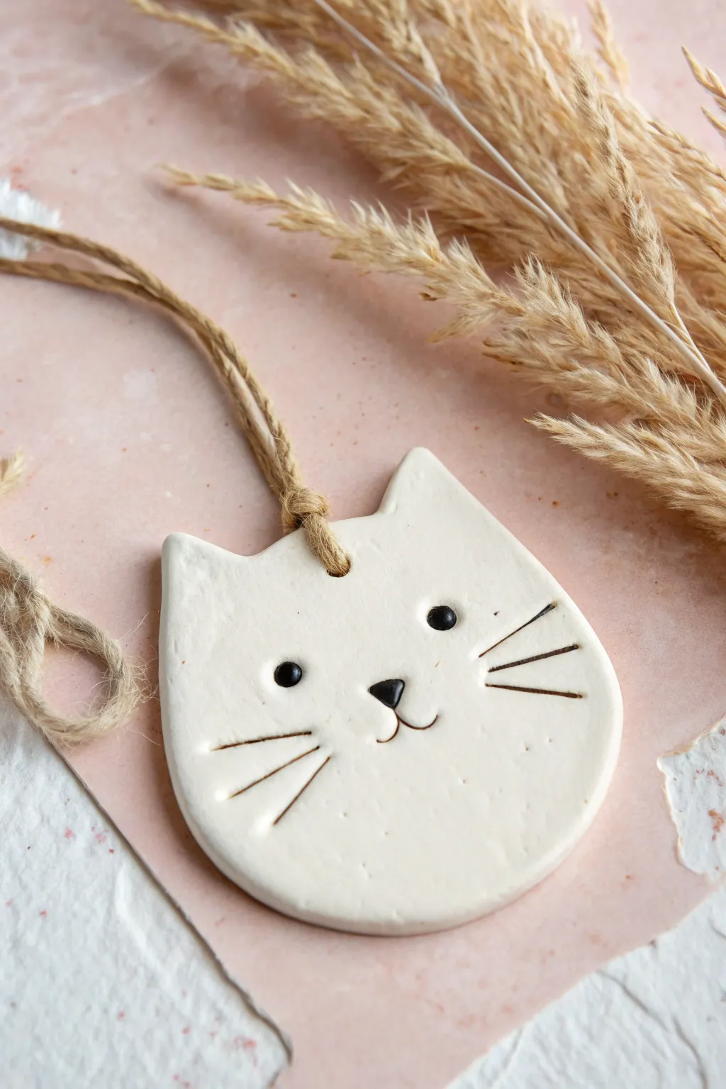 Beginner-friendly air dry clay cat ornament with a simple painted face and twine hanger