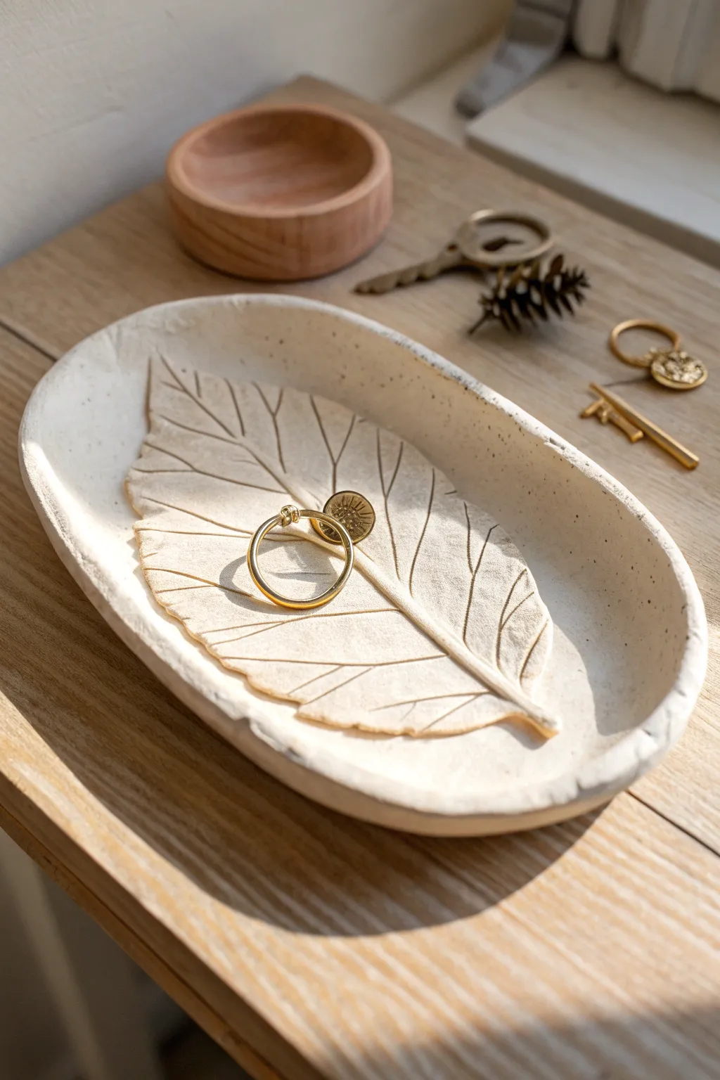 Minimal leaf-imprint clay catchall tray with matte finish, styled simply for everyday essentials.