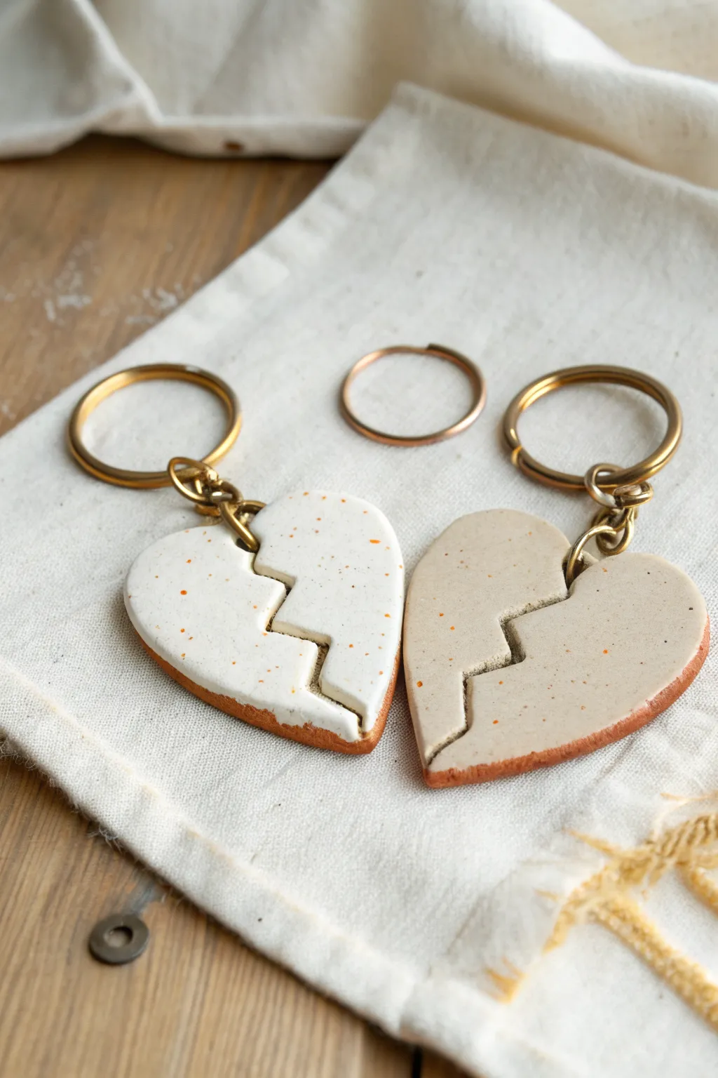 Split-heart air dry clay keychains with brass rings, a minimalist his-and-hers gift idea