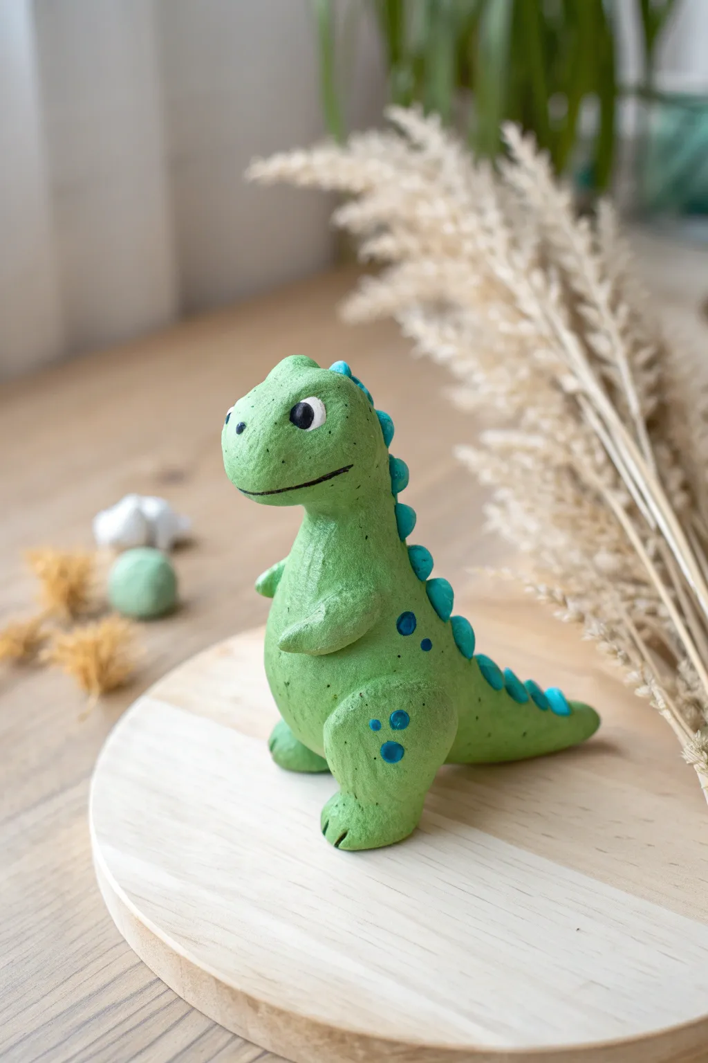 Chunky air dry clay mini dinosaur, bright green with blue details, simple and kid friendly.