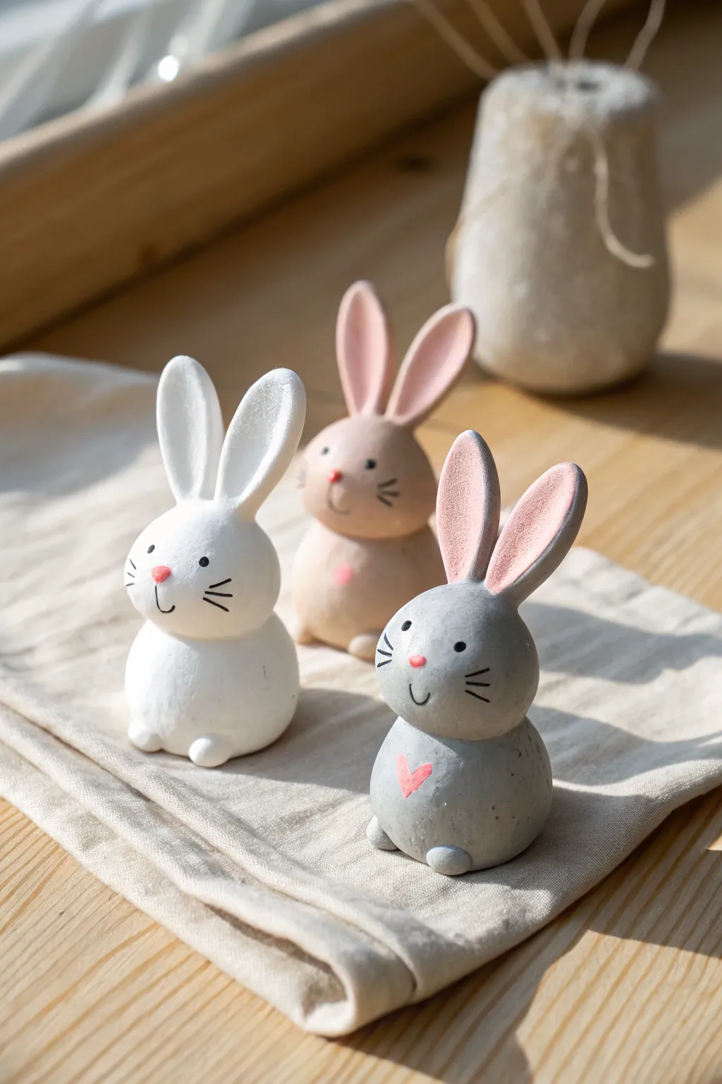 Sweet air dry clay bunnies with big ears in soft pastel tones, perfect for easy kid crafts.
