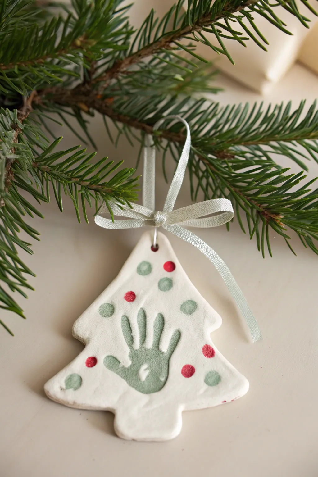 Simple handprint Christmas tree ornament in air dry clay, a sweet keepsake kids can make.