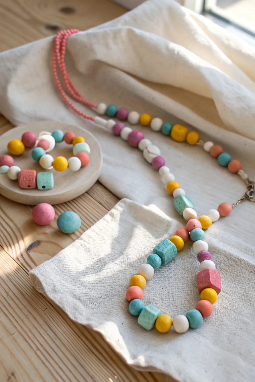Chunky air dry clay bead necklace and bracelet in bold colors, simple and kid-friendly.