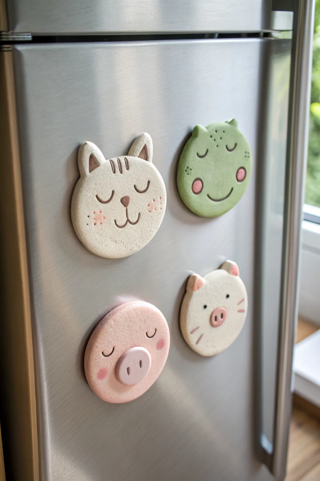 Simple air dry clay animal face fridge magnets with pastel details, perfect for kindergarten crafts