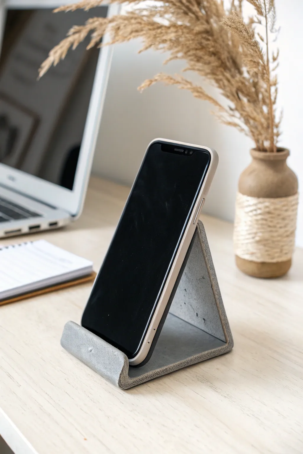 Sleek air-dry clay phone stand in matte charcoal, a modern DIY upgrade for any desk setup.