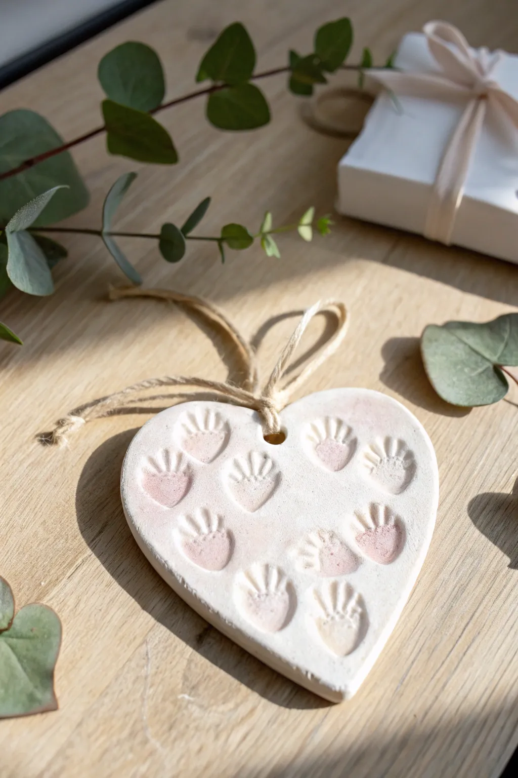 Sweet thumbprint heart token with blush wash and ribbon, a simple Mothers Day keepsake