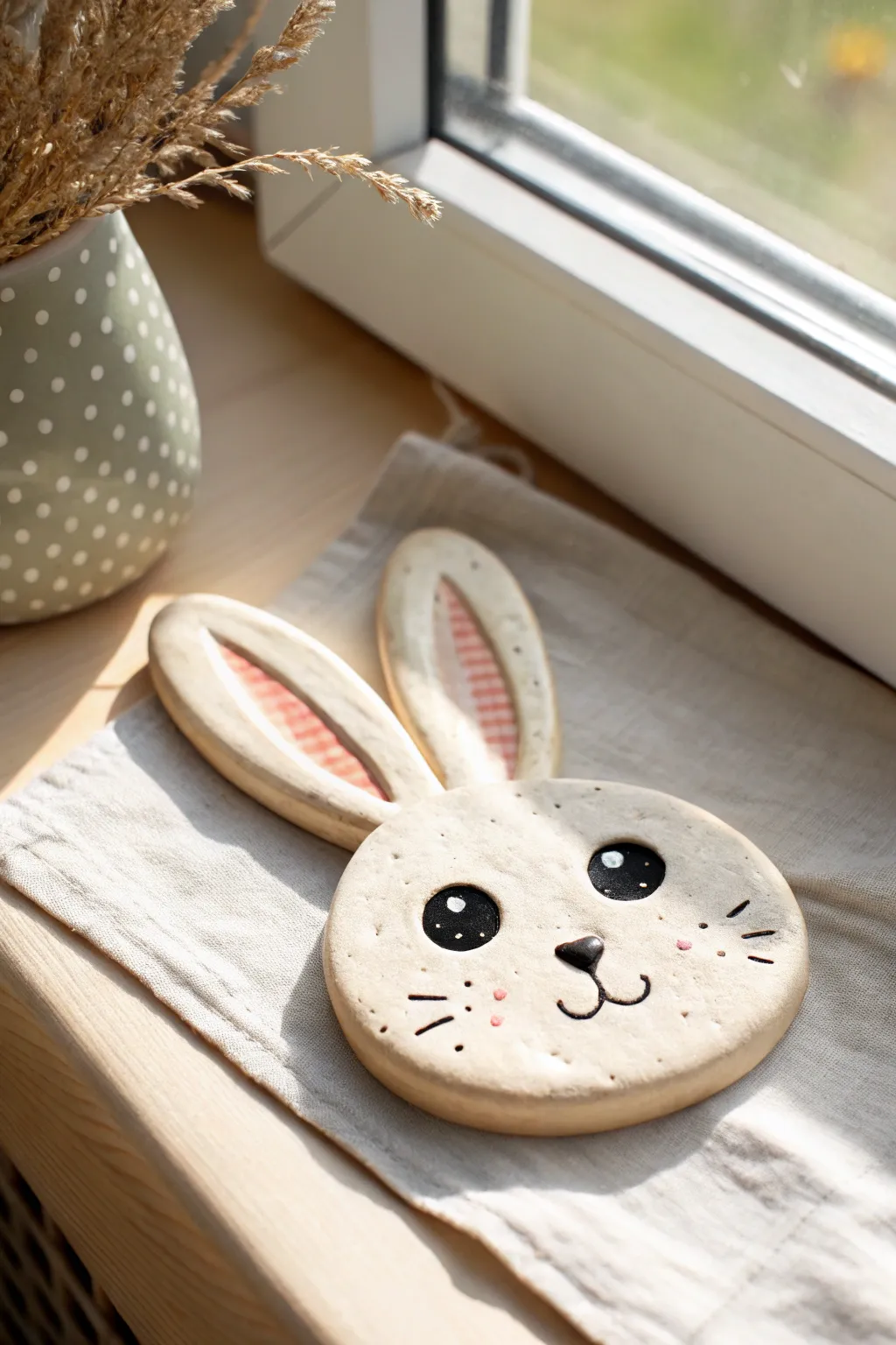Toddler-friendly air-dry clay bunny face with big eyes and bold details in a minimalist boho style