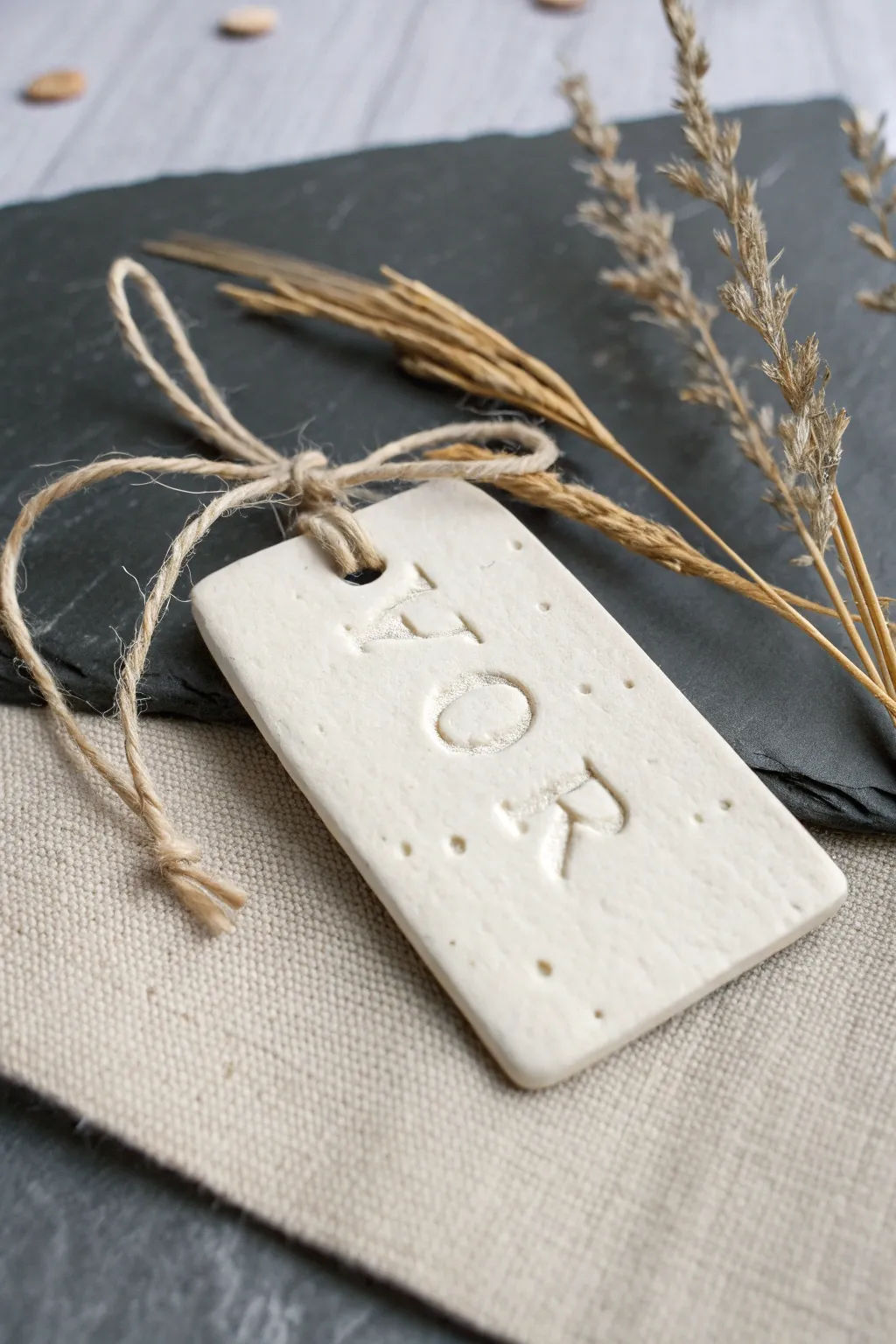 Elegant air dry clay tag with twine and subtle stamped texture for simple, handmade gift styling.