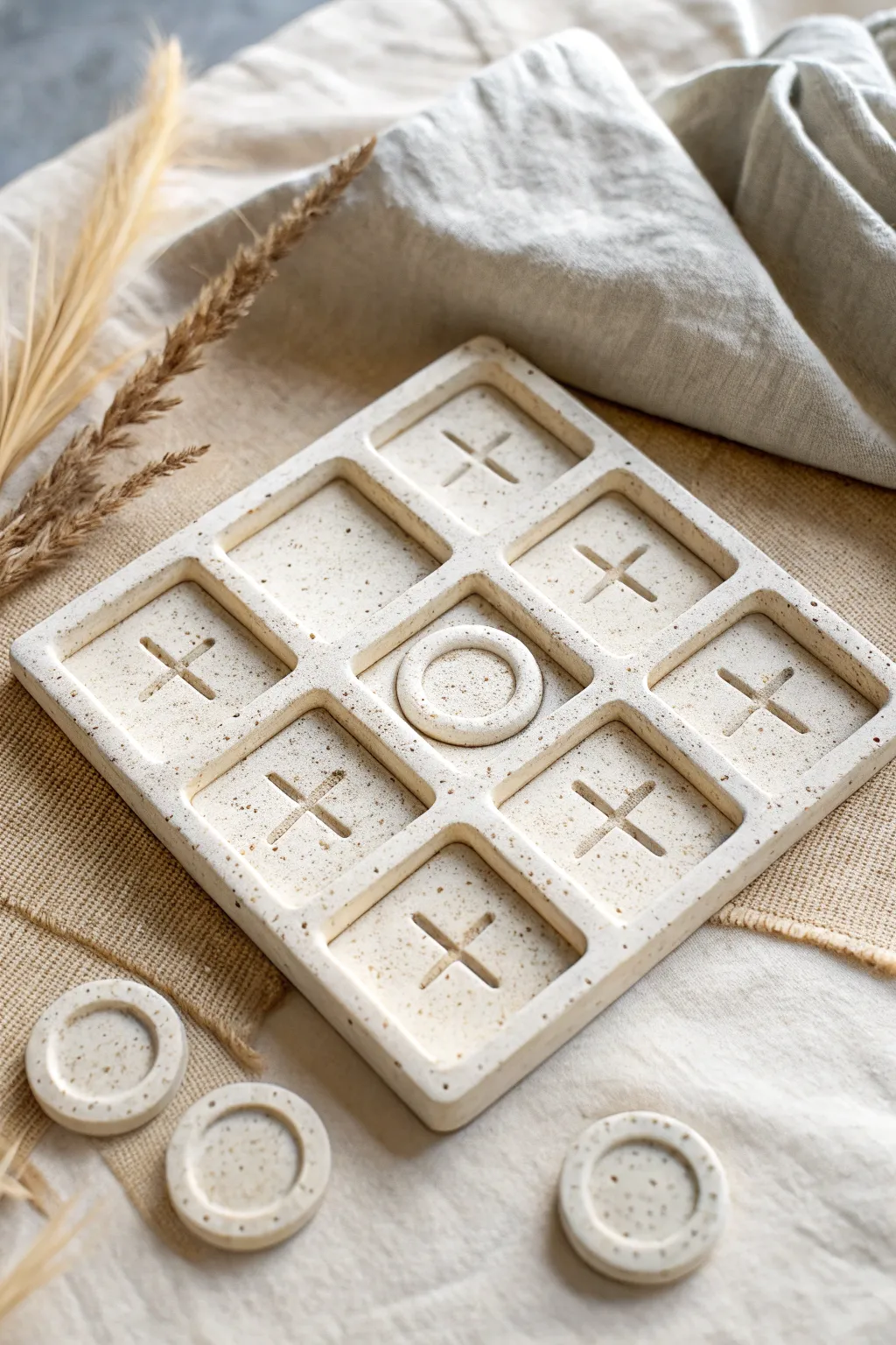 Minimal air-dry clay tic tac toe board with recessed pockets for perfectly nested pieces