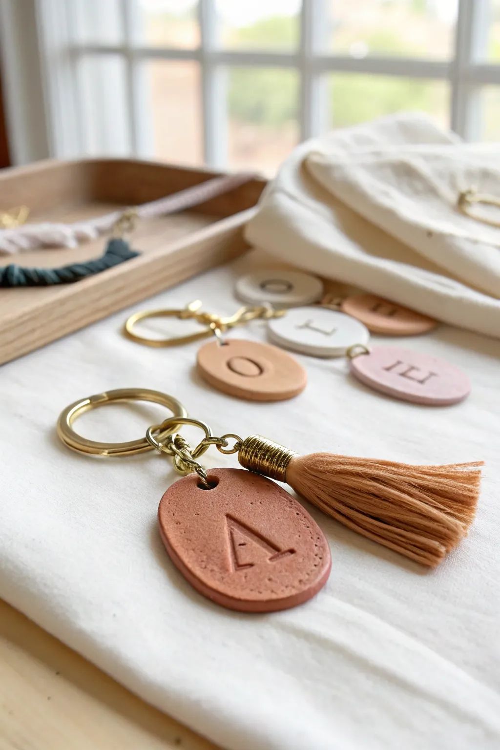 Minimalist air dry clay initial keychains in soft neutrals, a simple personalized best-seller to make