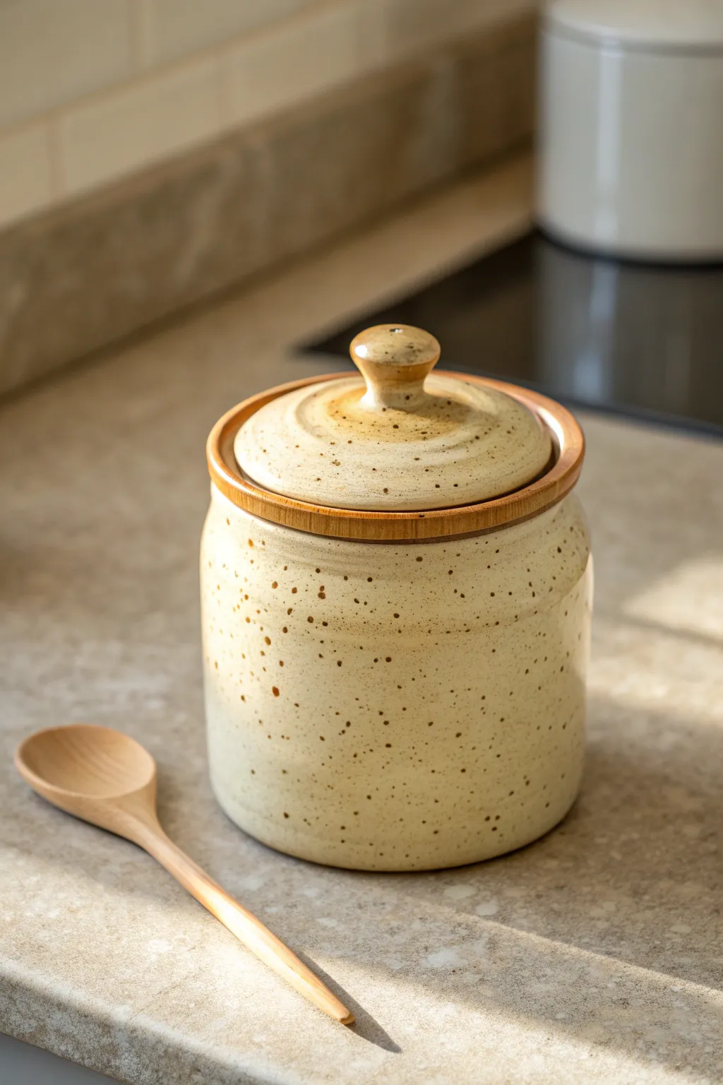 Speckled stoneware look air dry clay jar in warm cream, styled simply for a cozy kitchen.