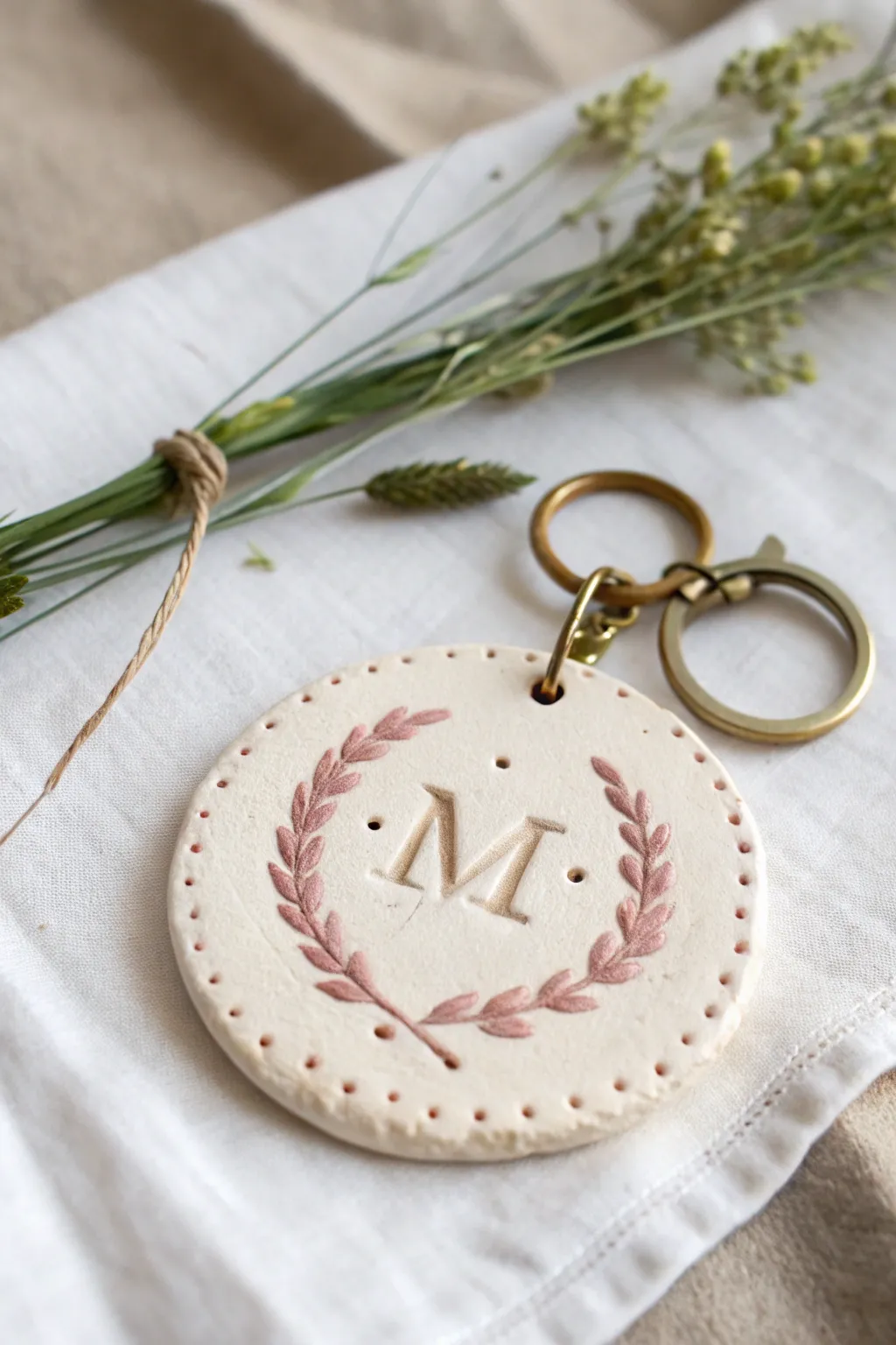 Minimal monogram clay keychain with dotted border in dusty rose and sage, handmade and sweet.