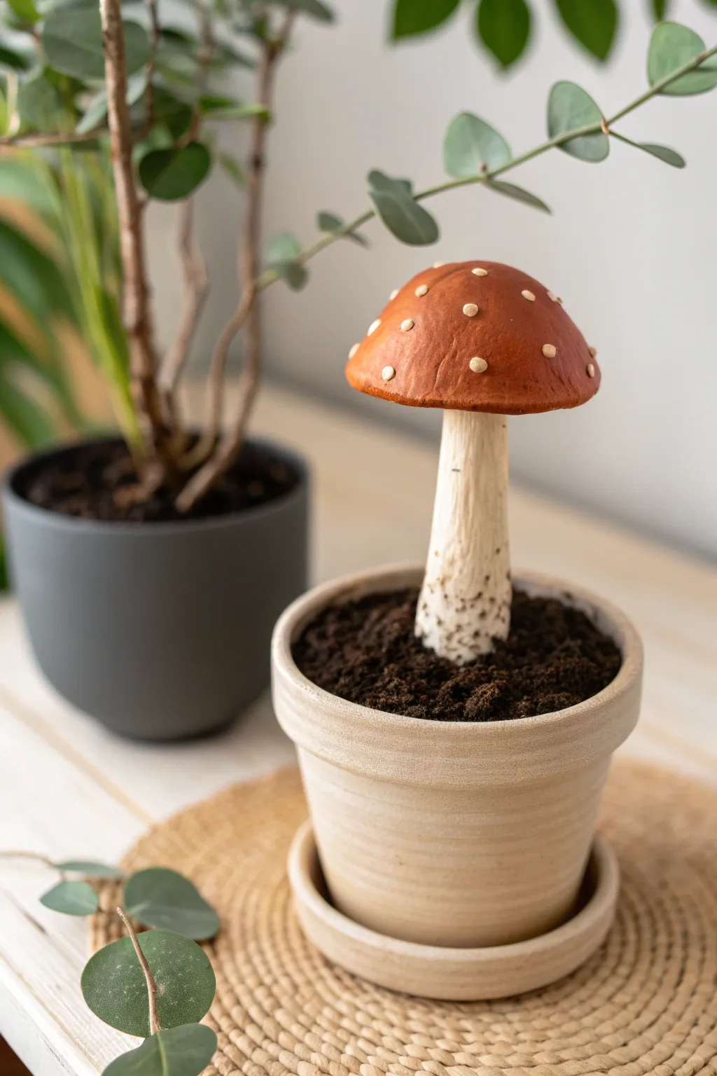 Handmade air dry clay mushroom pick nestled in soil for a cozy, minimal plant pot accent