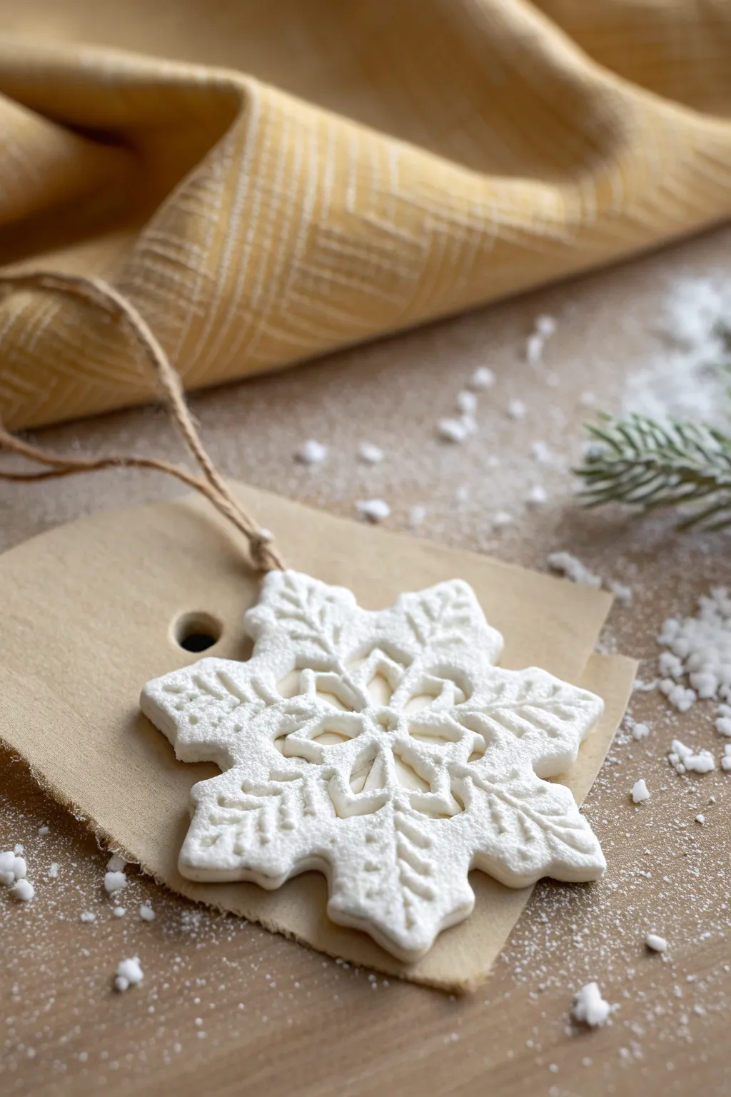 Matte white lace-pressed snowflake ornament with linen ribbon for soft, minimalist winter charm.