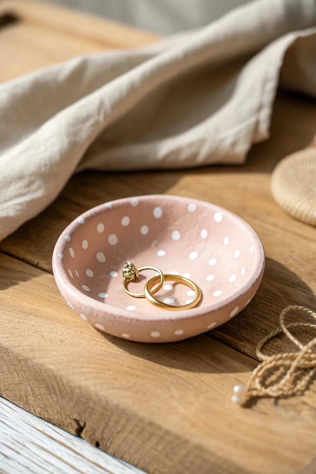 Polka dot air dry clay trinket dish in soft blush, styled with dainty rings for instant cute.
