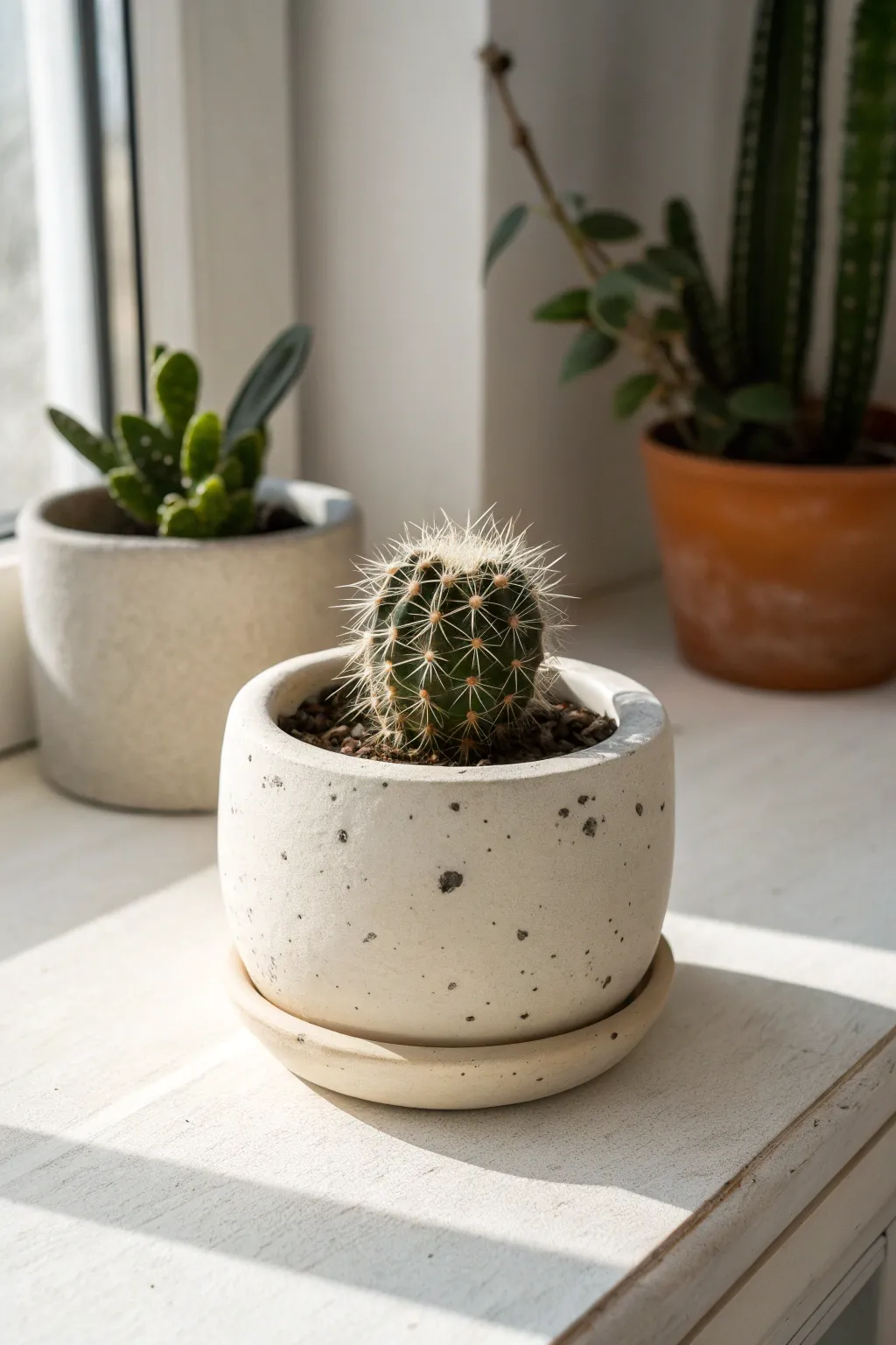 Creamy speckled air dry clay planter with a tiny cactus, minimalist and softly sunlit.