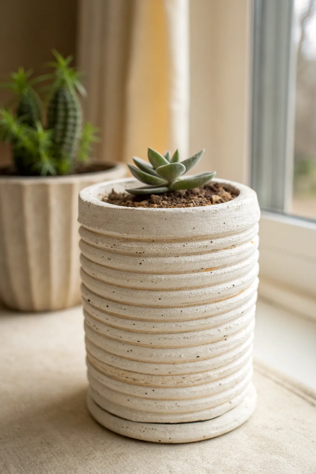 Coil-built air dry clay planter with a softly wavy rim and succulent, minimal and organic