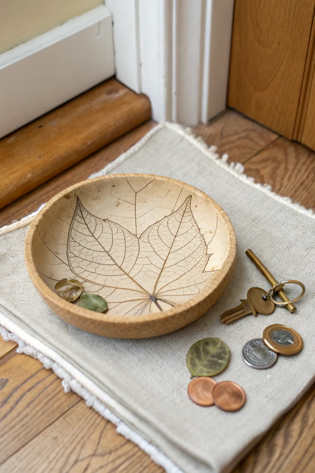 Leaf-imprint air-dry clay catchall dish in natural tones, perfect for keys and coins.