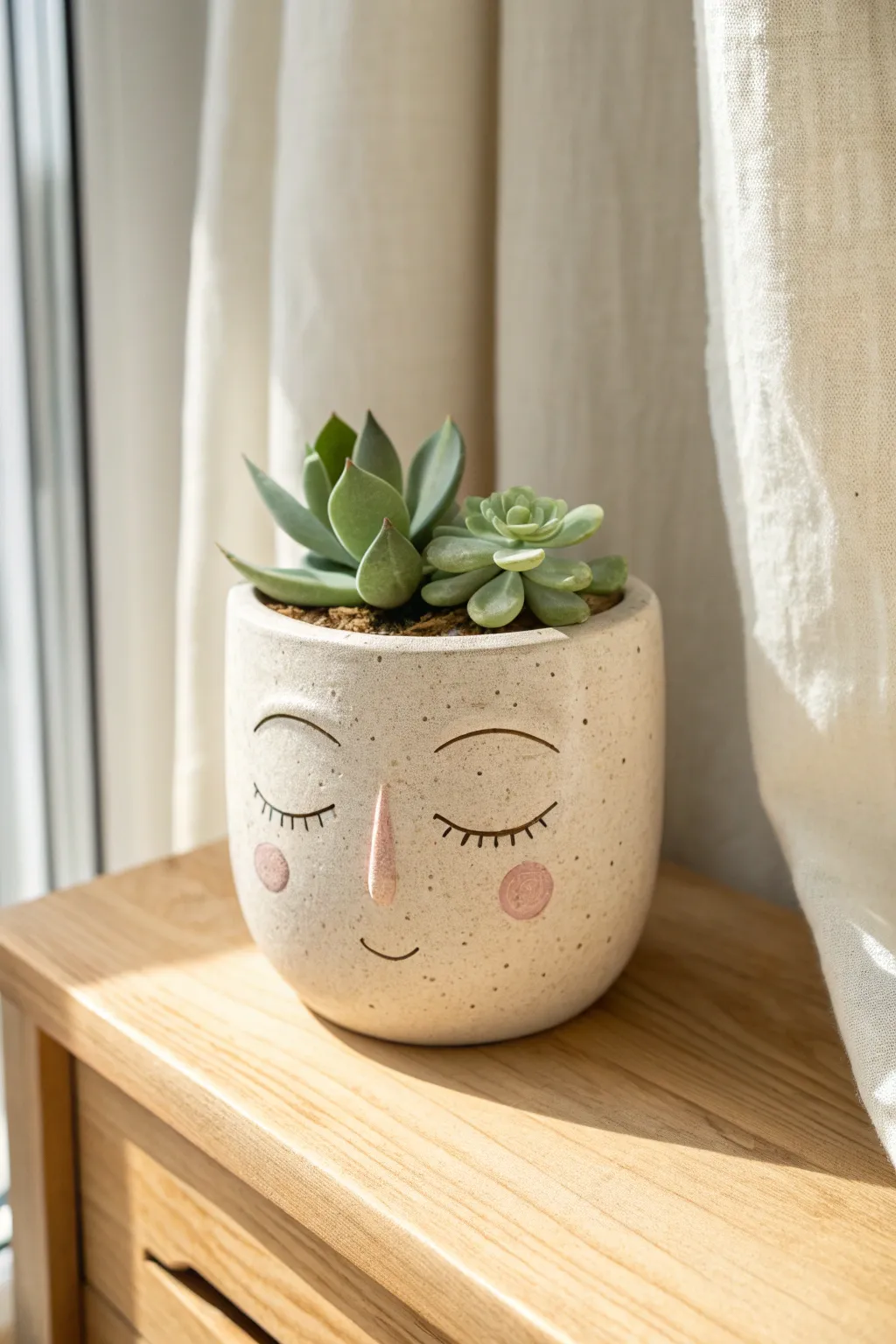 Minimal air dry clay face planter with sleepy eyes, styled in soft daylight with a tiny succulent