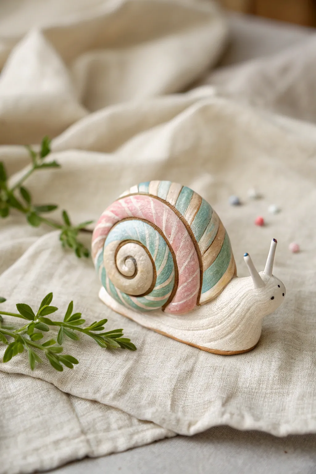 Swirly coil snail made from air dry clay, painted in playful stripes, perfect for kids crafts