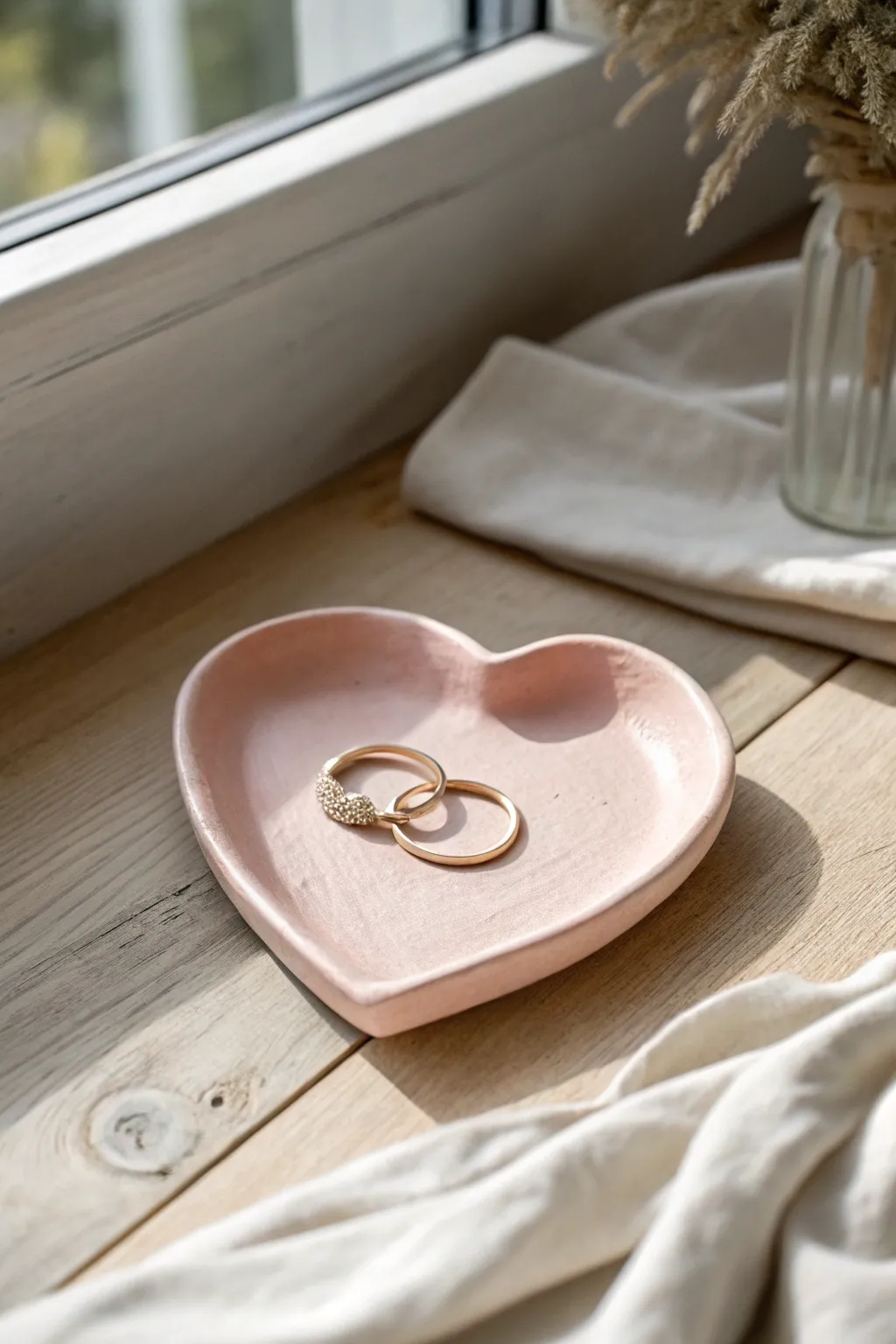Blush heart trinket dish with a tiny ring stack, the sweetest air-dry clay gift idea.