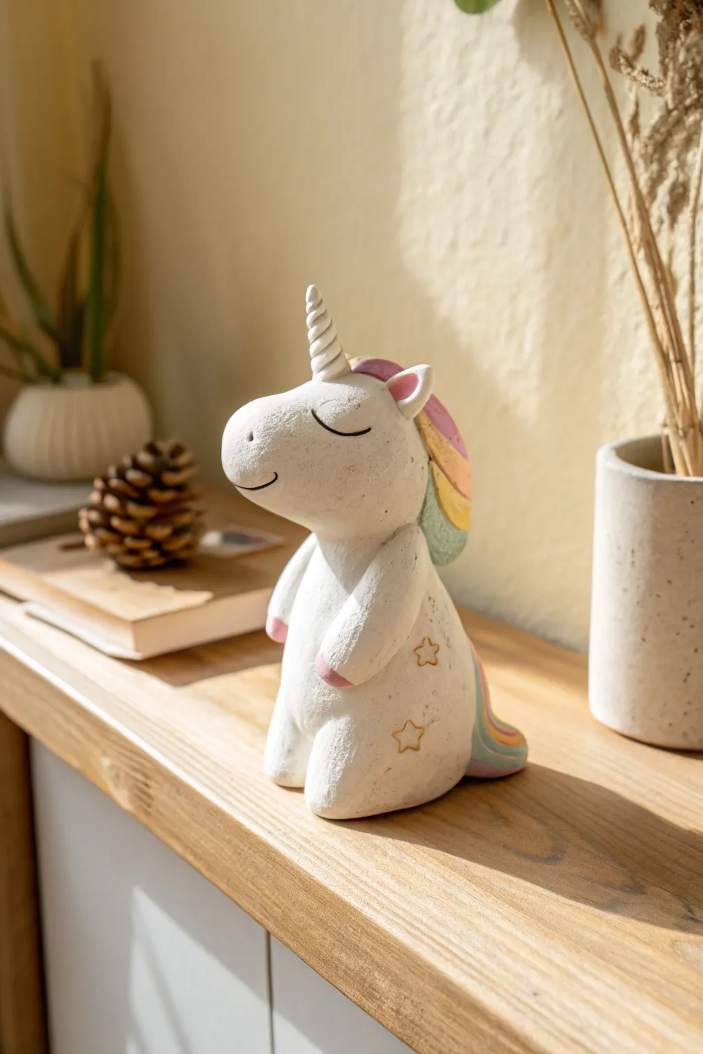 Mini sitting air dry clay unicorn with sleepy eyes and soft rainbow mane for dreamy decor.
