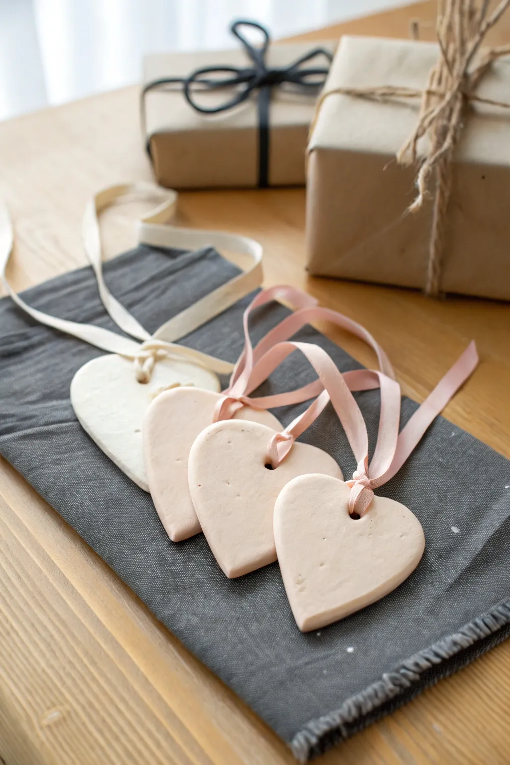 Sweet air dry clay heart tags with ribbon holes, perfect for simple handmade Valentine gifts.