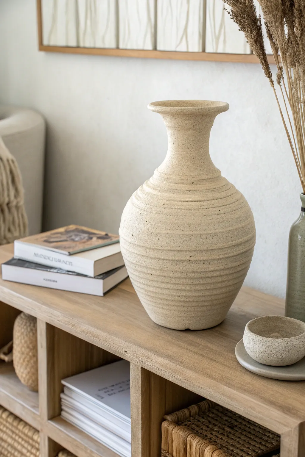 Soft-edge coil-built air dry clay vase in matte neutral tones, minimalist shelf styling