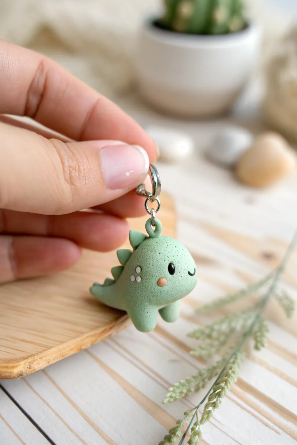 Tiny pastel dino nugget charm in air dry clay, easy and cute for keychains and gifts