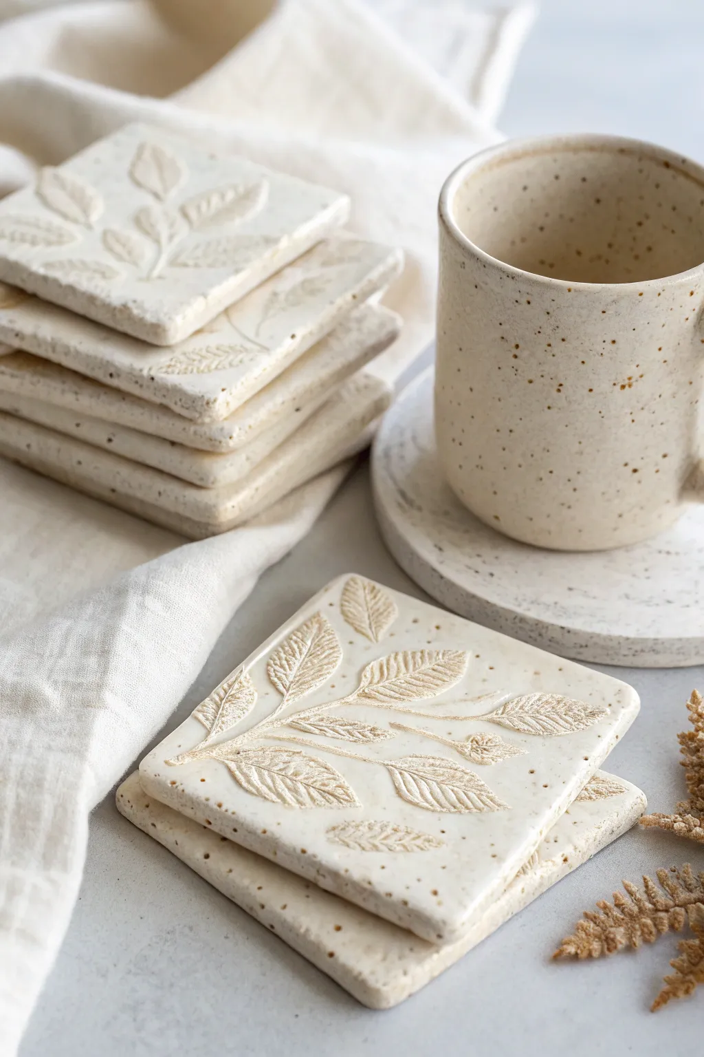 Minimal stamped air-dry clay coasters with lace texture, made for a cozy Nordic coffee moment