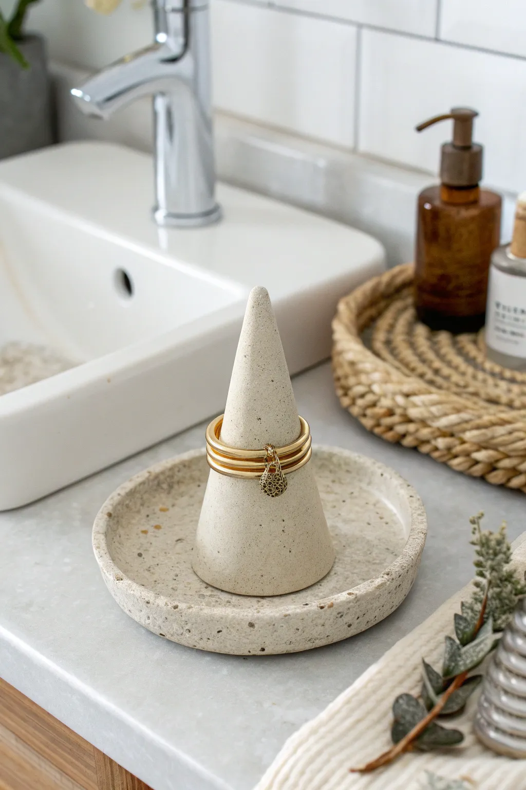 Minimal air-dry clay ring cone with stacked rings, a calm Scandinavian-boho bathroom accent.