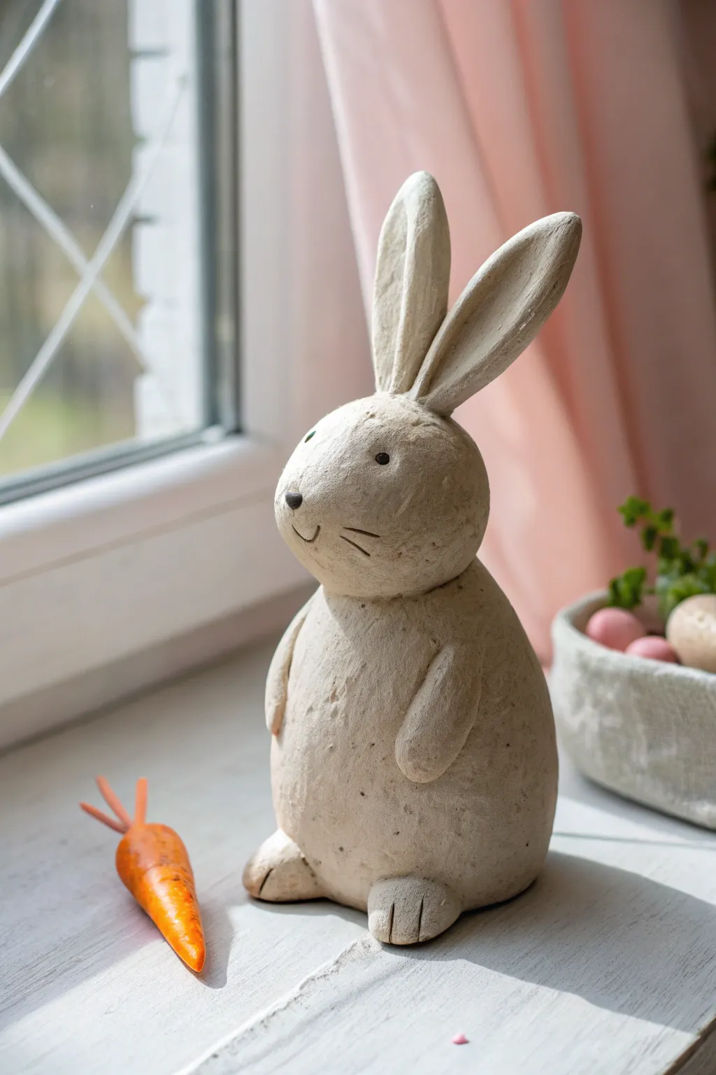 Chubby clay bunny with tiny paws and a mini carrot, styled in soft minimalist pastels