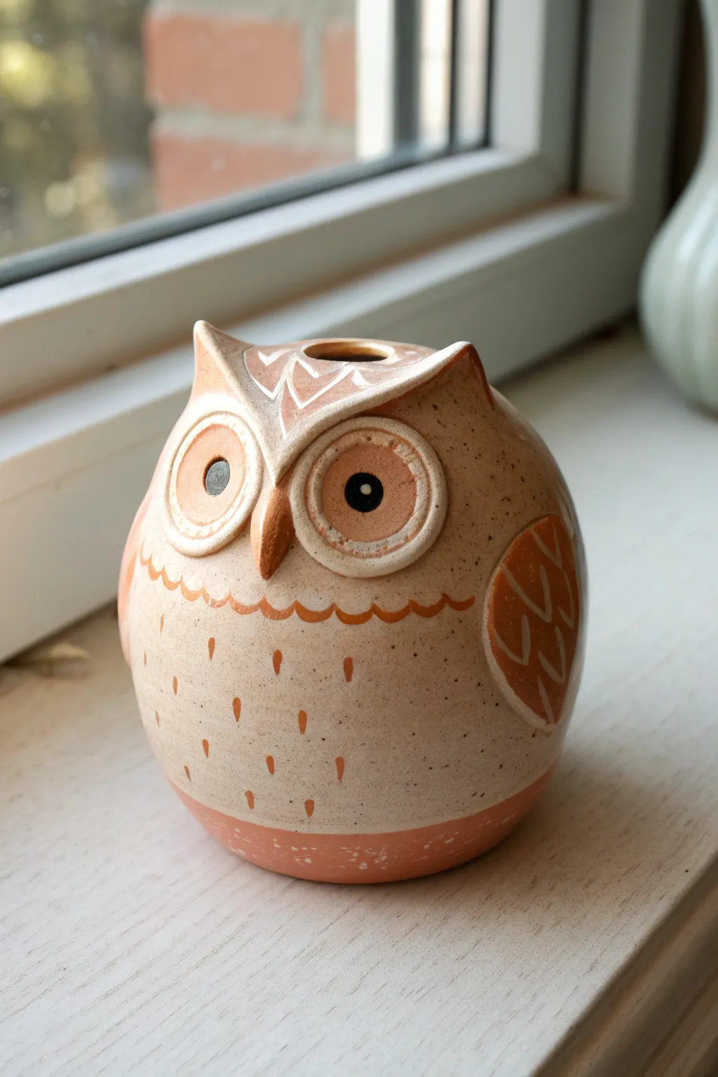 Little owl pinch pot with big eyes in earthy tones, minimal boho style and crisp contrast