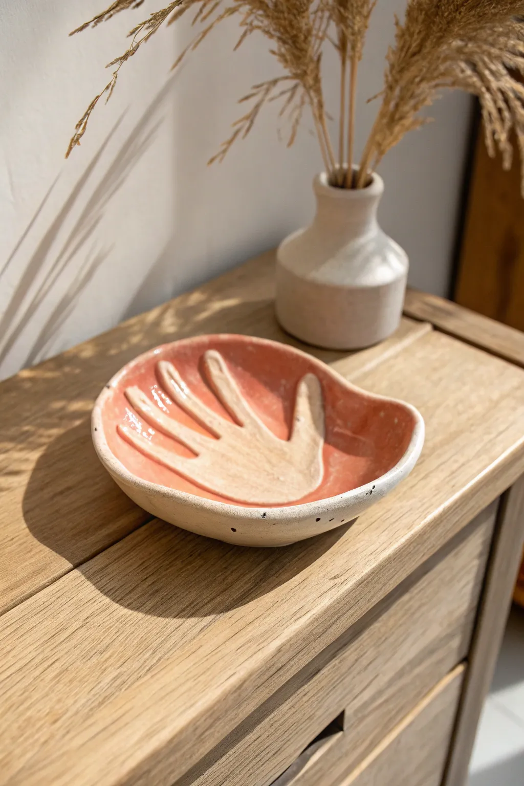 Cheerful coral handprint trinket dish with a simple border, styled in a calm Scandi nook