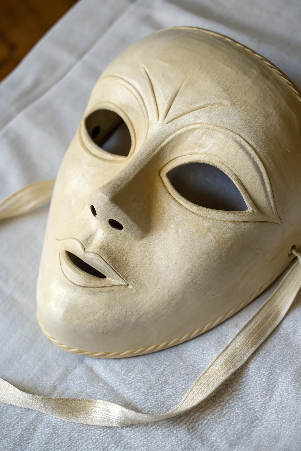 Classic half-face clay mask with clean lines and soft shadows for timeless masquerade style.