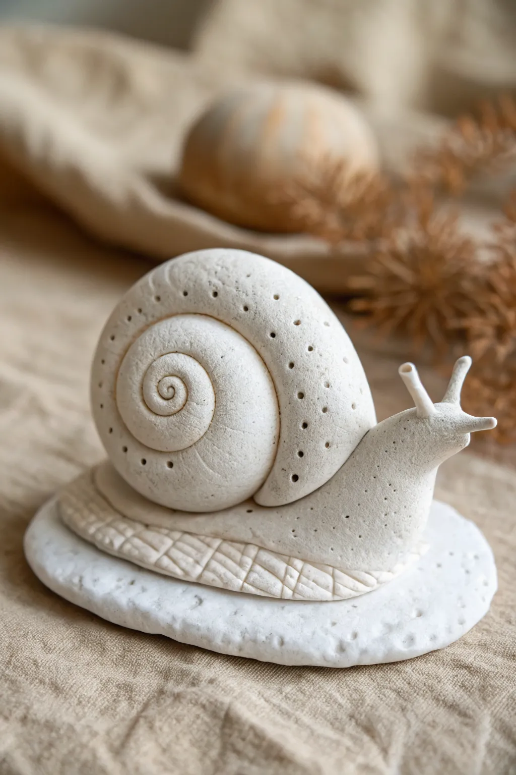 Minimal coil snail with a crisp spiral shell, sweet silhouette, and calming Scandinavian tones.