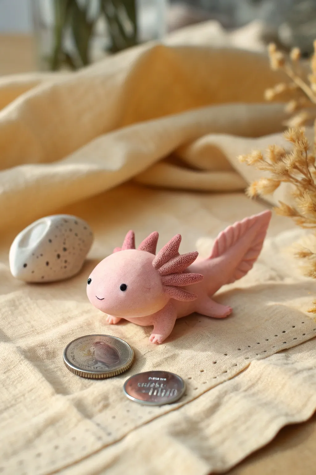 Tiny pink clay axolotl with frilly gills, styled minimally with a coin for adorable scale.