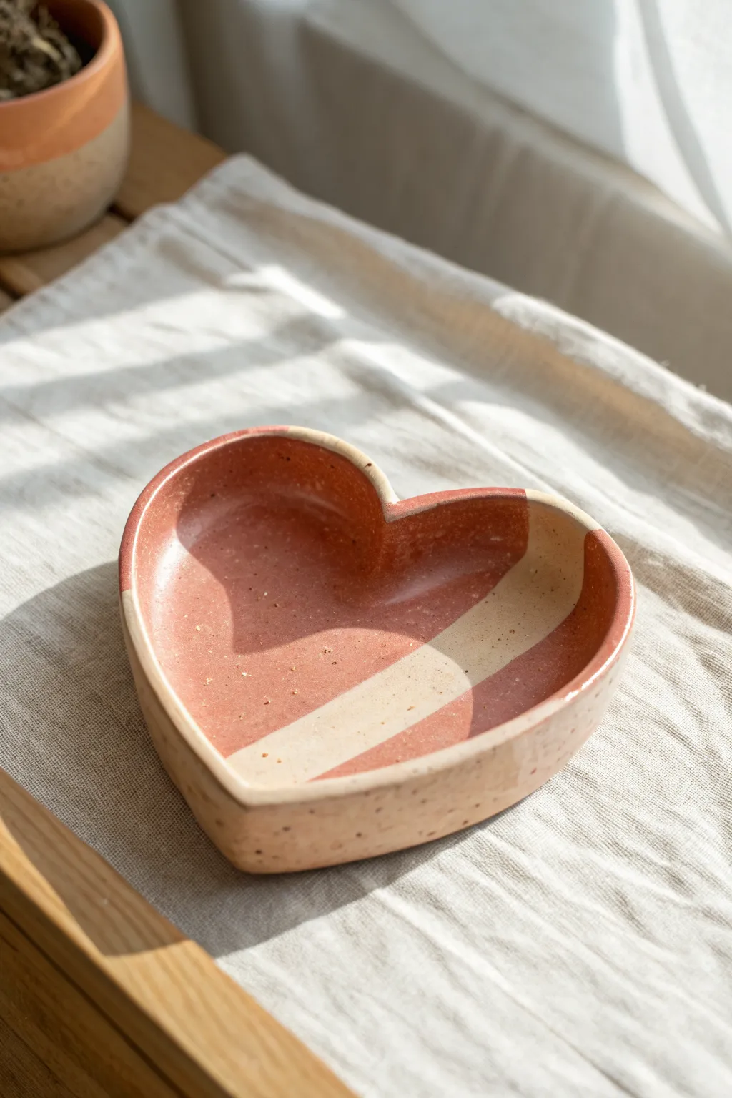 Sweet heart-shaped clay ash tray in soft color blocks, minimalist and handmade with cozy contrast.