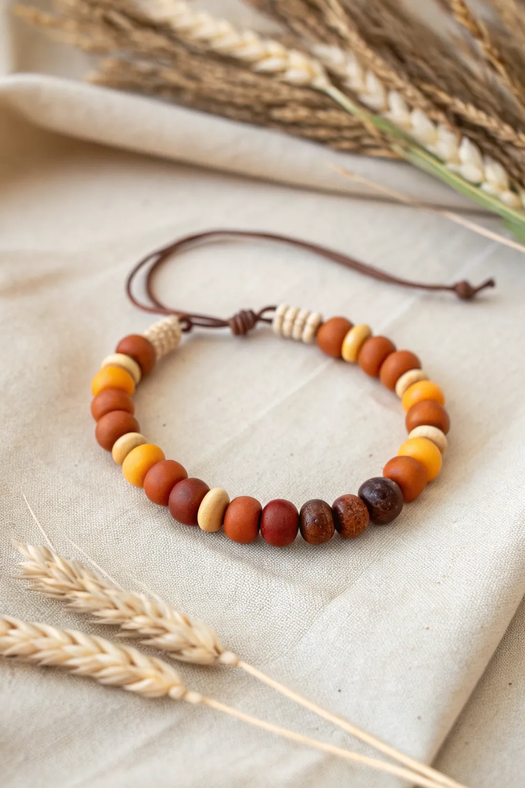 Mixed harvest bracelet in mustard, terracotta, and cocoa tones styled with dried wheat.