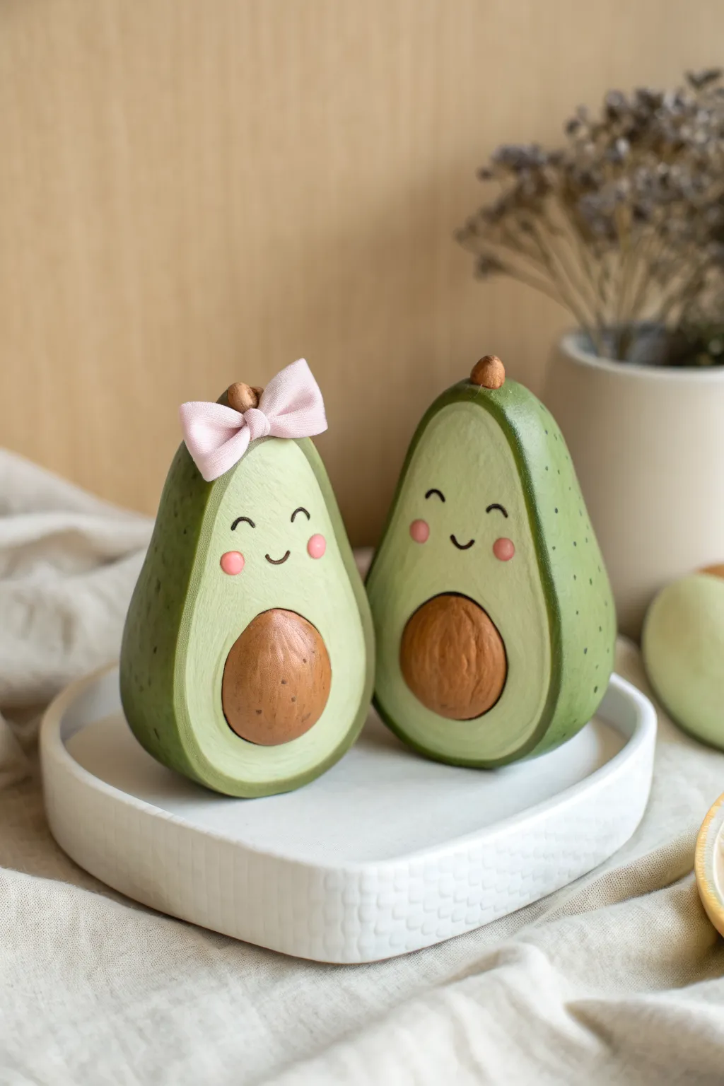 Two adorable clay avocados, one with a bow and one with a mustache, styled as a cute set