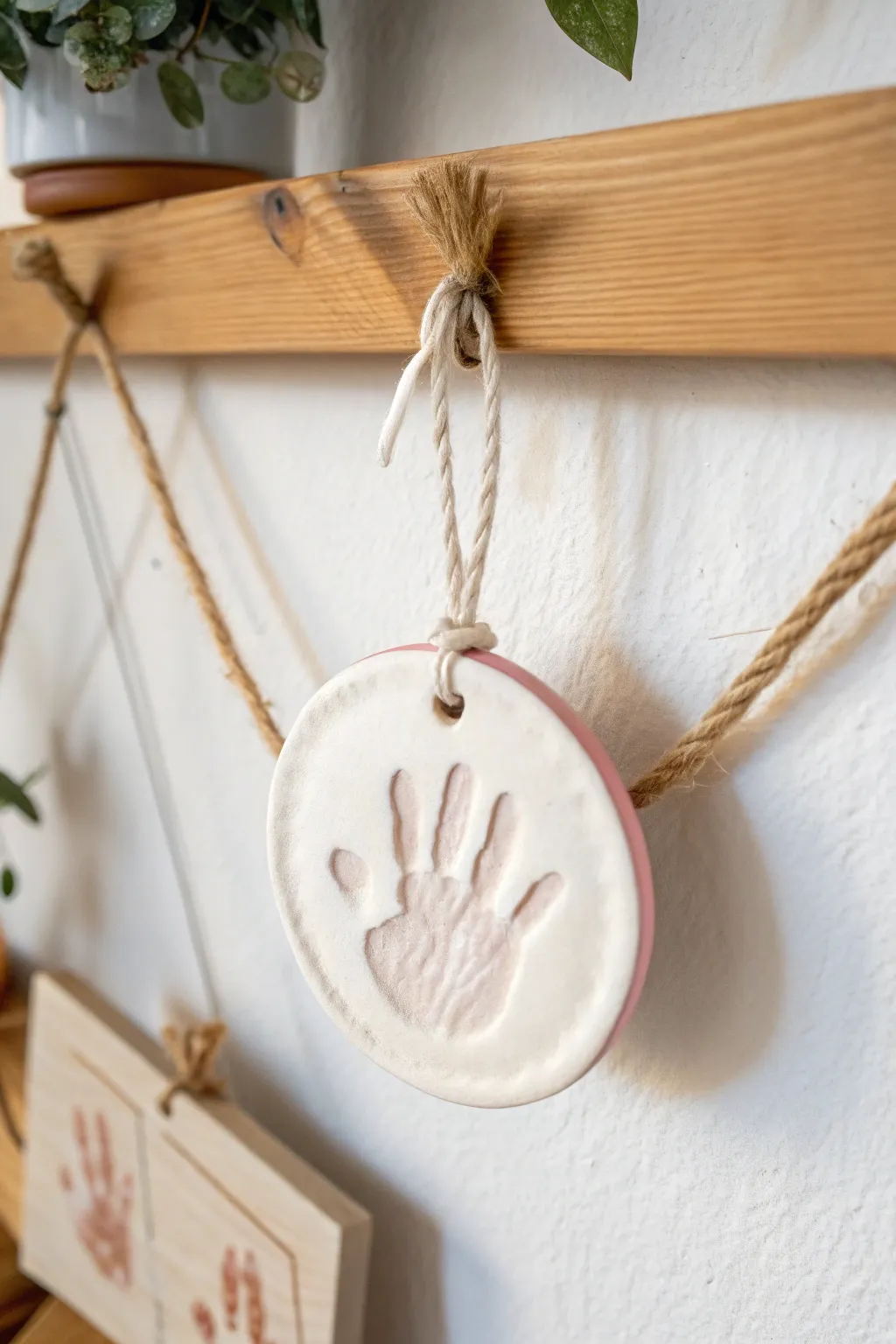 Minimalist air-dry clay baby handprint ornament with blush rim and natural linen cord