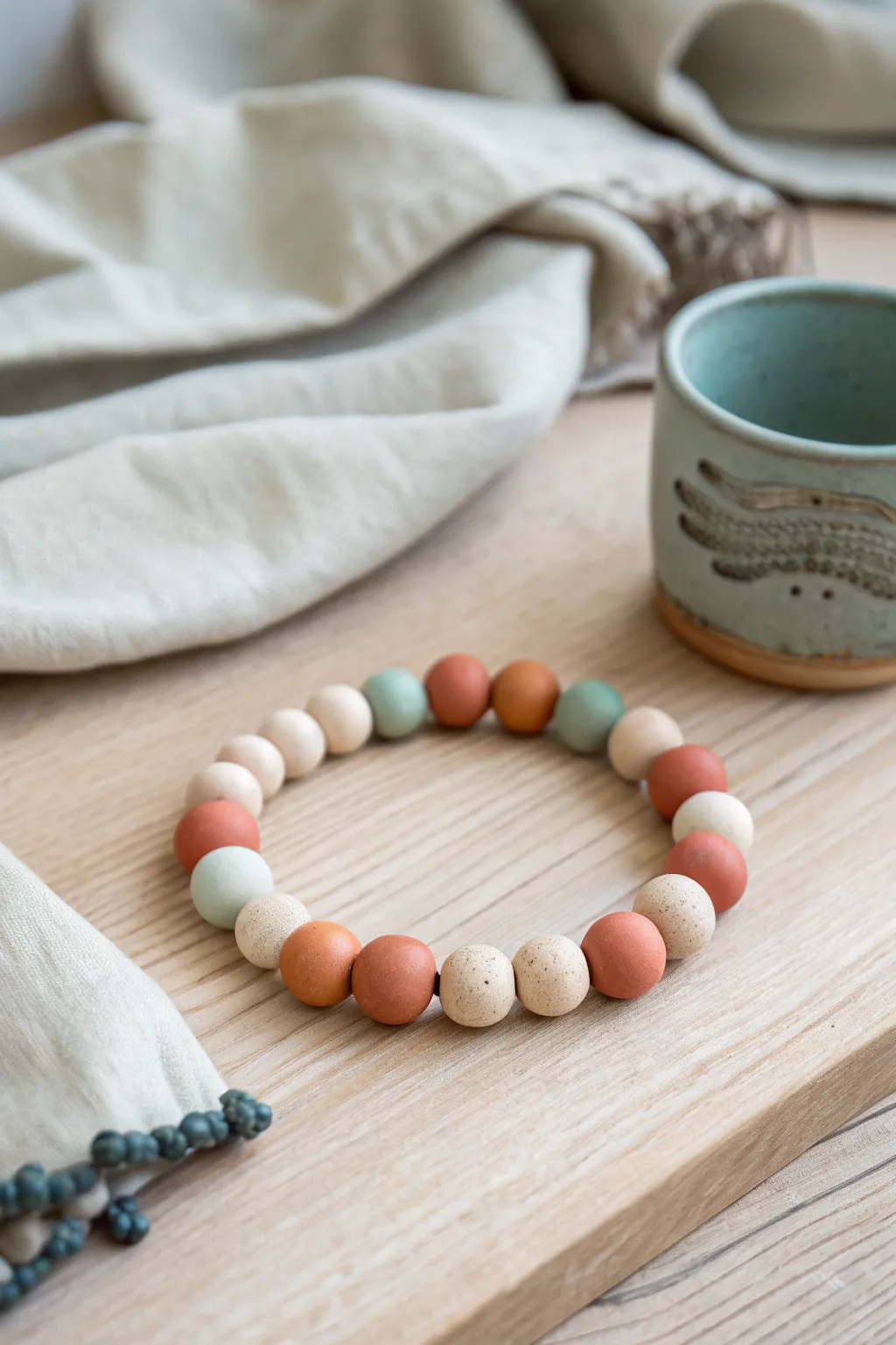 Simple oven-bake clay bead bracelet in soft earthy tones, styled for a cozy minimalist studio.