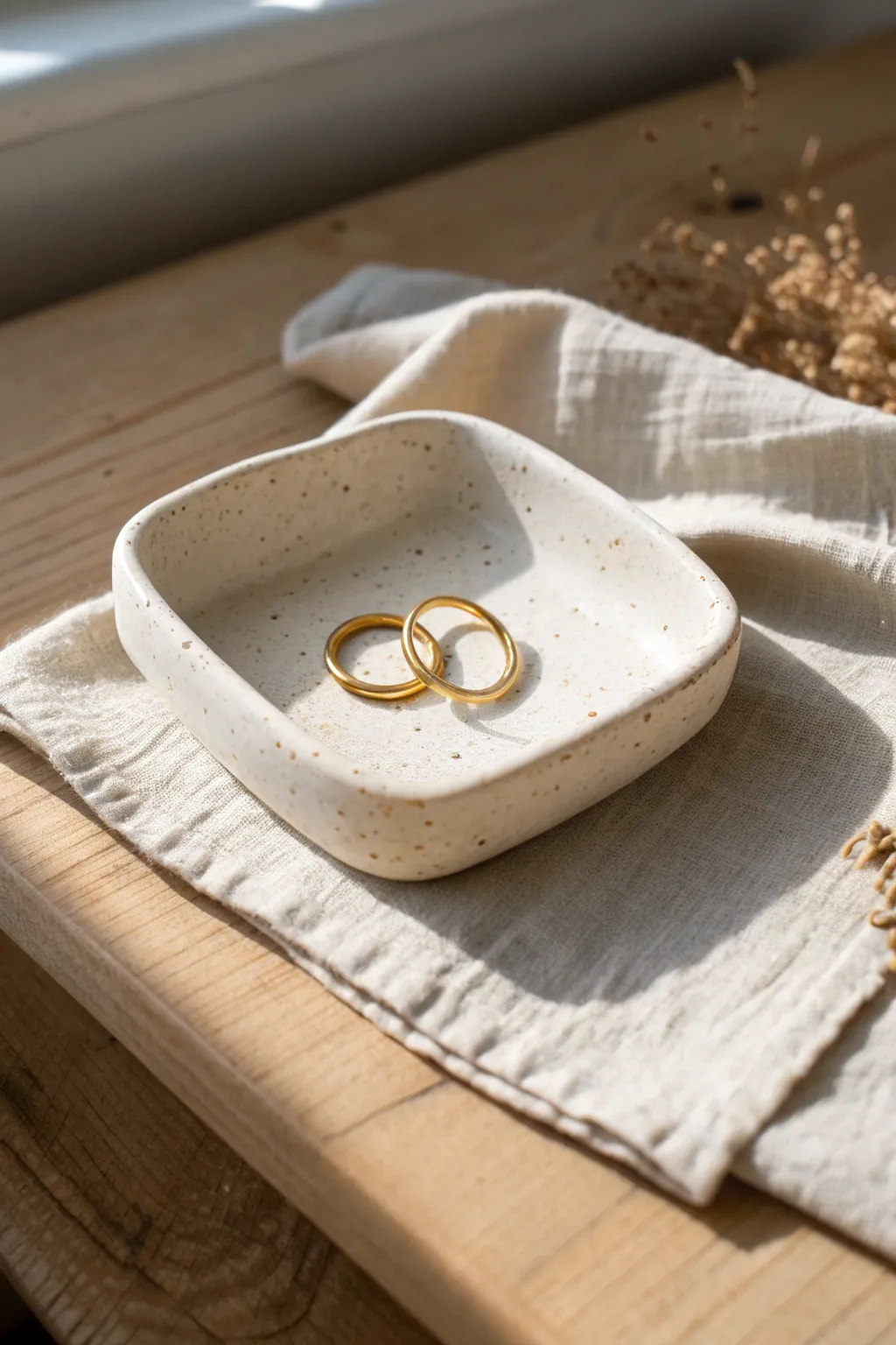 Simple slab trinket dish with soft lifted corners, styled with earrings for an elegant minimal look.