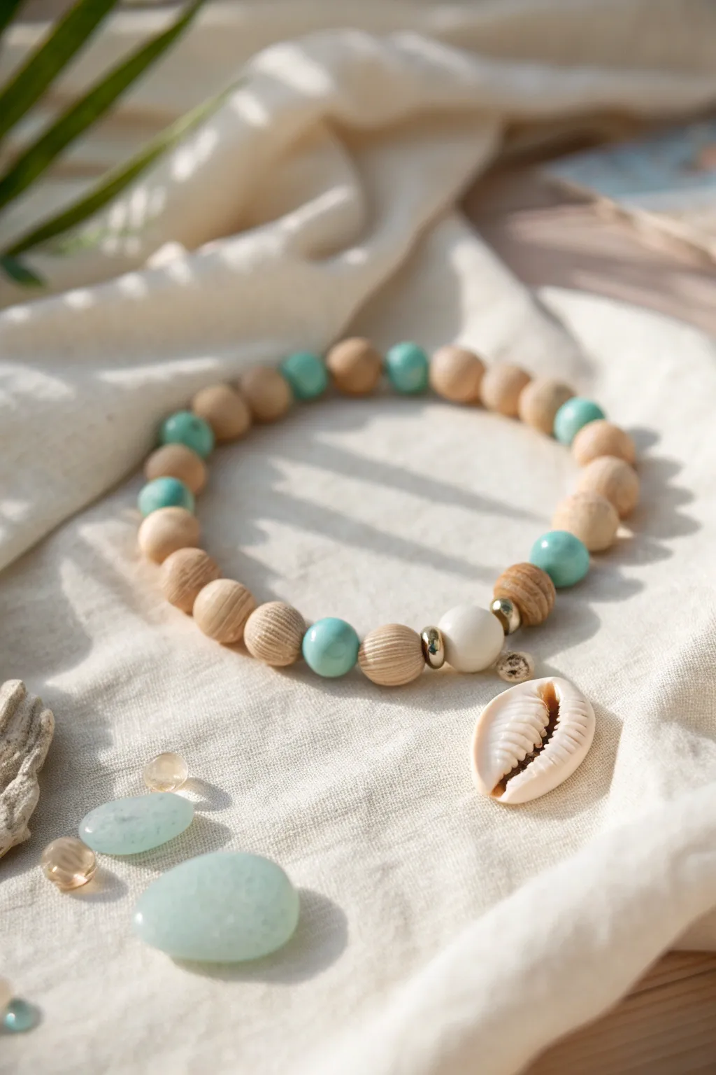 Beachy clay bead bracelet with cowrie shell centerpiece on sunlit linen in soft turquoise tones