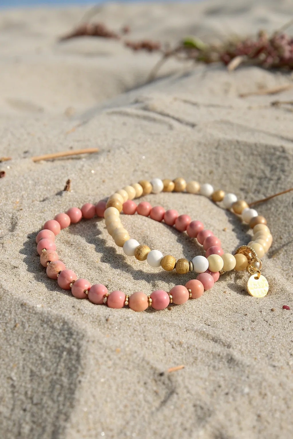 Sunset-inspired color-block clay bead bracelets in coral, peach, blush, and golden yellow.