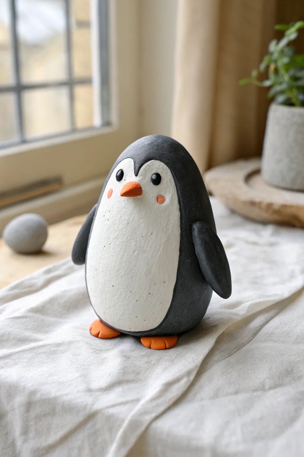 Minimal air-dry clay penguin from two ovals, a sweet beginner Model Magic project.