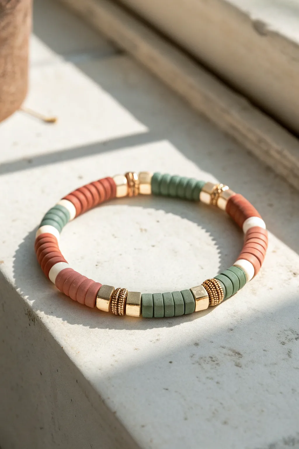 Bold heishi color blocks with tiny neutral spacers for a clean, modern clay bead bracelet.