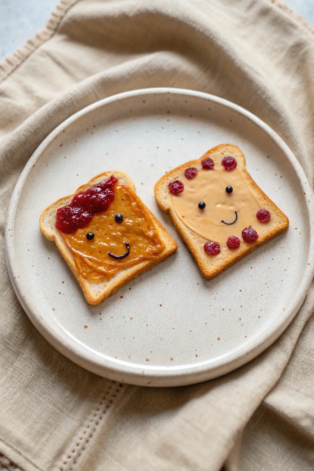 Peanut butter and jelly BFF toast charms, sweet rosy faces in a minimalist Scandinavian vibe